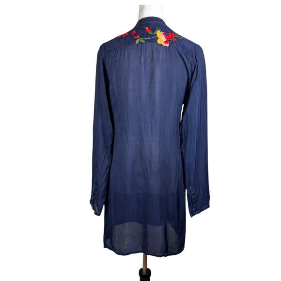 Johnny Was Dark Navy Rayon Embroidered Flower Long Sleeve Tunic Dress *AS IS* - Picture 3 of 12